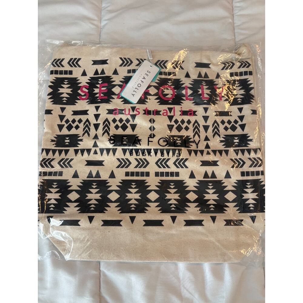 NEW! Seafolly Australia Aztec Canvas Tote Bag Black Beach Travel Carryall NWT - Picture 2 of 5
